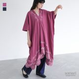 【送料無料】ワンピース レディース ドレス ロング丈 半袖 コットン100% カフタンワンピース 刺繍 スカラップ Vネック レイヤード 重ね着 着回し ゆったり 体型カバー 薄手 軽い 涼しげ 春 夏 オシャレウォーカー※メール便可※【10】