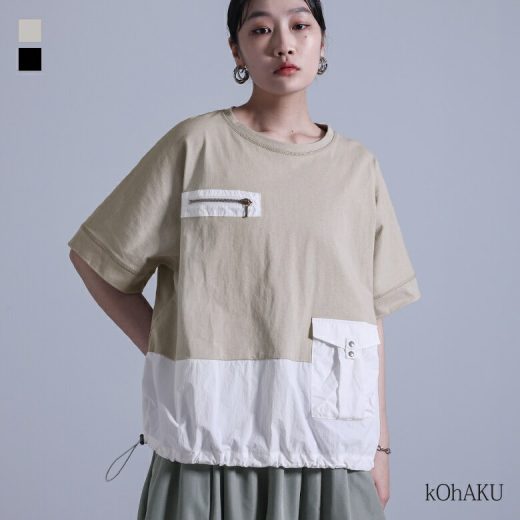 【全品送料無料】Tシャツ トップス レディース カットソー 半袖 春 夏 ナイロン 異素材 ドッキング 配色 コットン100% ワークポケット ドロスト ドローストリング モード 体型カバー 二の腕カバー※メール便可※【10】