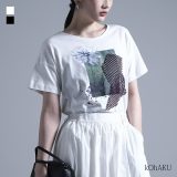Tシャツ トップス カットソー レディース 半袖 5分袖 春 夏 コラージュ メッシュ スリット　プリント コットン100％ 綿100％ ゆったり ぽっちゃり 大きいサイズ 体型カバー 二の腕カバー 着回し※メール便可※【5】