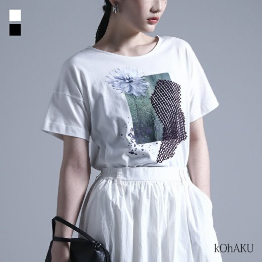 Tシャツ トップス カットソー レディース 半袖 5分袖 春 夏 コラージュ メッシュ スリット　プリント コットン100％ 綿100％ ゆったり ぽっちゃり 大きいサイズ 体型カバー 二の腕カバー 着回し※メール便可※【5】