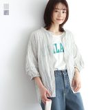 】ブラウス トップス レディース 羽織 シャツ ボタンシャツ 前開きシャツ 七分袖 春夏 綿混 スタンドネック ボリューム袖 ボリュームスリーブ 配色 バンドカラー 袖口ゴム 清涼感 透け感 レイヤード 重ね着※メール便可※【10】
