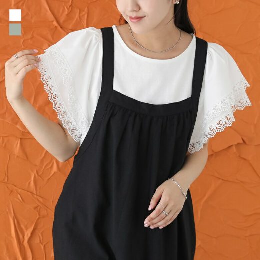 Tシャツ レディース トップス カットソー 半袖 レース ボリューム袖 フレア プルオーバー クルーネック 無地 フレアスリーブ ミディ丈 レイヤード 綿100％ 春 夏 オシャレウォーカー※メール便可※【10】