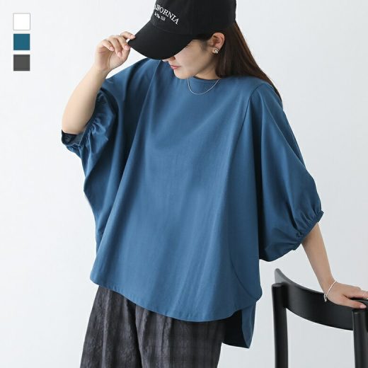カットソー レディース トップス ドルマンスリーブ 半袖 クルーネック コットン100％ 異素材 プルオーバー Tシャツ 五分袖 ミディ丈 ミドル丈 後ろ下がり 無地 異素材MIX 春 夏 オシャレウォーカー※メール便可※【10】