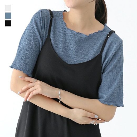 カットソー レディース 半袖 トップス Tシャツ 重ね着 レイヤード インナー 五分袖 二の腕カバー シャーリング 薄手 伸縮性 ぽこぽこ 春 夏 オシャレウォーカー※メール便可※【5】