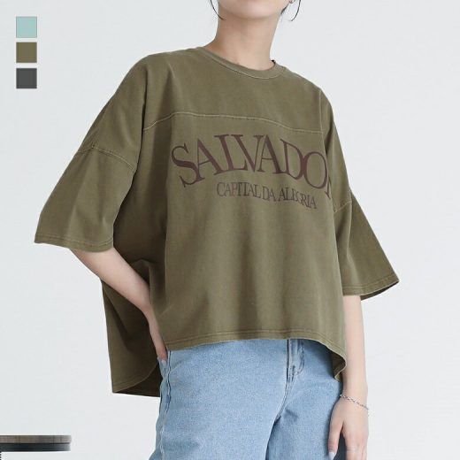 Tシャツ レディース トップス 半袖 ショート丈 カットソー ロゴ 綿100％ コットン100％ ロゴT ワイド クルーネック 体型カバー 二の腕カバー 春 夏 オシャレウォーカー※メール便可※【10】