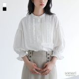 ブラウス レディース トップス 七分袖 ピンタック フリル シャツ ぽわん袖 キャンディースリーブ 羽織 ボタンシャツ 前開きシャツ スタンドカラー ボリューム袖 袖コンシャス 無地 春 夏 秋 オシャレウォーカー※メール便可※【10】