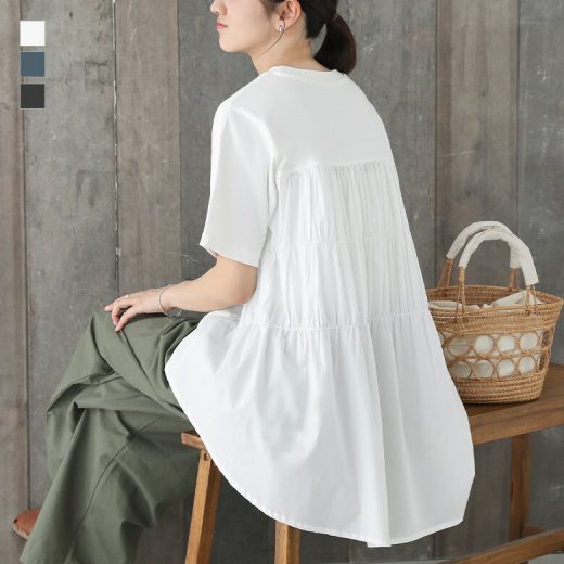【5/26 12:59迄クーポンで20％OFF】チュニック レディース トップス 半袖 カットソー Tシャツ ティアード バックデザイン シャツ シンプル 異素材 綿混 着回し プルオーバー ボートネック ロング丈 Aライン 春 夏 オシャレウォーカー※メール便可※【10】