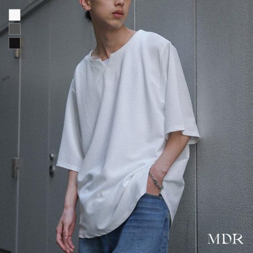 Tシャツ メンズ トップス 半袖 セットアップ ニットソー キーネック ラウンドヘム 重ね着 レイヤード ストレッチ プルオーバー 春 夏 オシャレウォーカー※メール便可※【10】