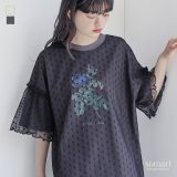【全品送料無料】カットソー レディース トップス Tシャツ 半袖 チュール ドット柄 水玉柄 異素材 フリル 接触冷感 ローズ柄 花柄 春 夏 オシャレウォーカー※メール便可※【10】