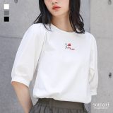 【期間限定！2点以上で15％OFF】カットソー レディース トップス Tシャツ 半袖 クルーネック パフスリーブ ロゴ 刺繍 バラモチーフ 接触冷感 冷感 二の腕カバー 春 夏 オシャレウォーカー※メール便可※【10】