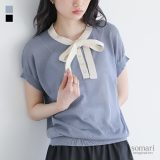 【5/16 12:59迄クーポンで20％OFF】ニット レディース トップス 半袖 サマーニット ボウタイ ハイゲージ シアー 配色 無地 プルオーバー クルーネック ショート丈 ミドル丈 リボン シースルー 透け感 レイヤード 重ね着 春 夏 オシャレウォーカー※メール便可※【10】