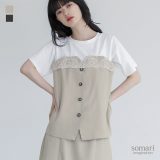 カットソー トップス Tシャツ 半袖 レディース セットアップ レイヤード 重ね着 レース 大人かわいい プルオーバー ビスチェ クルーネック 切り替え 配色 無地 綿混 フェイクレイヤード 春 夏 秋 オシャレウォーカー※メール便可※【10】