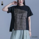 カットソー レディース トップス 半袖 Tシャツ クルーネック 異素材 スリット ランダムタック ショート丈 デザインT デザインTシャツ プルオーバー 配色 無地 綿100％ レイヤード 春 夏 オシャレウォーカー※メール便可※【10】
