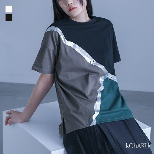 【全品送料無料】カットソー レディース トップス Tシャツ 半袖 クルーネック 配色 切り替え 箔 ライン プリント 3色 個性的 モード 春 夏 オシャレウォーカー※メール便可※【10】