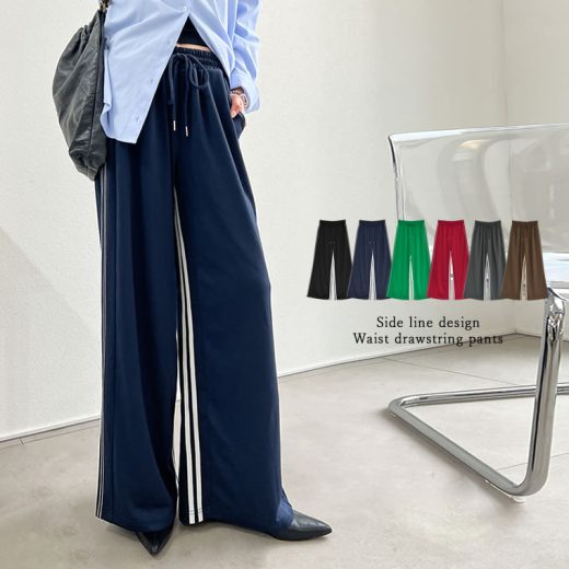 【25日19時〜5H限定！2BUY20%OFFクーポンで3,600円】[低身長/高身長サイズ有]サイドラインルーズワイドパンツ レディース 春 夏 リエディ / パンツ トラックパンツ ジャージ サイドライン トラックジャージ リラックスパンツ ワイド 低身長 高身長 セットアップ