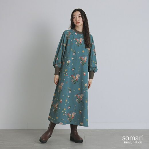 【送料無料】ワンピース レディース ロングワンピース ロングワンピ マキシワンピース マキシワンピ ワンピ 花柄 花柄プリント フレア パイピング リブ ギャザー 体型カバー 二の腕カバー※メール便可※【10】