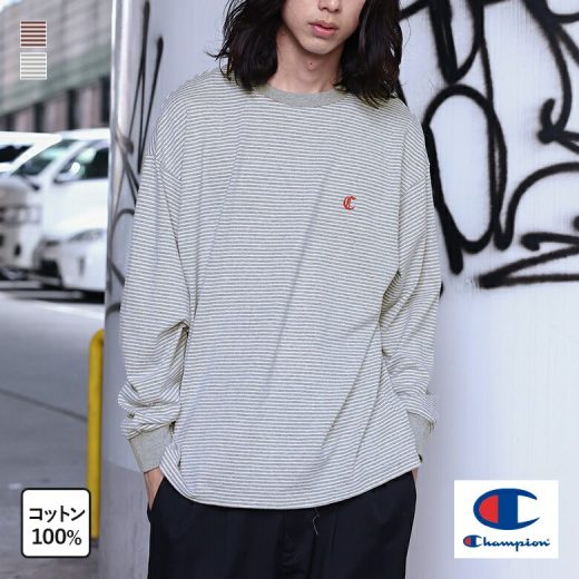 【5/16 12:59迄クーポンで20％OFF】カットソー 長袖 メンズ トップス ロンT クルーネック 綿100％ ボーダー柄 リブ 配色 ロングスリーブTシャツ 秋 冬 春 ストリート チャンピオン Champion C3-A405※メール便可※【10】