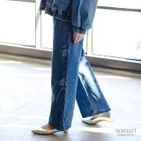 【全品送料無料】デニム レディース ボトムス パンツ ロング丈 ワイド ストレート ジーンズ 10分丈 ベルトループ ボタニカル柄 無地 ポケット 綿100％ コットン100％ 花柄 上品 きれいめ 春 夏 秋 冬 オシャレウォーカー【メール便不可】【20】