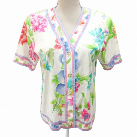 【中古】レオナール LEONARD FASHION カーディガン 花柄 総柄 ロゴボタン コットン 半袖 L ベージュ 系 0419 レディース 【ベクトル 古着】 250419