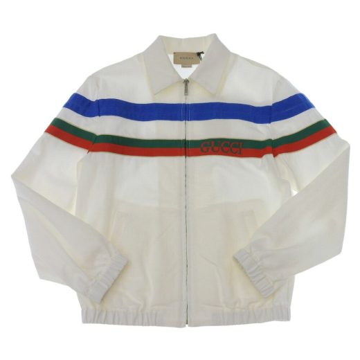 新着【中古】 タグ付未使用 グッチ GUCCI 2021年 ジャガードロゴ ストライプ スイングトップ スポーツ ジャケット 白 キッズ-10 レディース-S相当 定価83600円