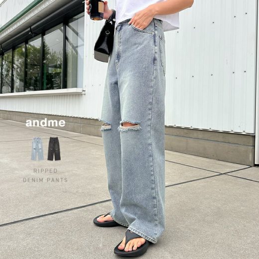 【宅配便A】【送料無料】ダメージ加工 ワイド デニム パンツ レディース ボトム ロングパンツ ワイドパンツ ハイウエスト 体型カバー 楽ちん ポケット コットン クラッシュ加工 ウォッシュ加工 ジーンズ 色落ち カジュアル トレンド M L 春 夏 秋 冬 【メール便NG】