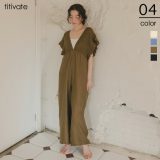 【全品30%offクーポン発行】5/11 23:59まで■シャーリングフリルオールインワン オールインワン レディース ワイドパンツ Vネック フリル フレア バックリボン レイヤード ワンピース レディース ロング丈 マキシ丈 花袖 ボリュームスリーブ
