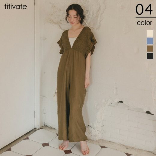 【全品30%offクーポン発行】5/11 23:59まで■シャーリングフリルオールインワン オールインワン レディース ワイドパンツ Vネック フリル フレア バックリボン レイヤード ワンピース レディース ロング丈 マキシ丈 花袖 ボリュームスリーブ
