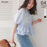 【全品30%offクーポン発行】5/11 23:59まで■ペプラムショートランタンスリーブブラウス トップス レディース ブラウス シャツ ボタン 羽織り シアー 薄手 レイヤード シンプル フレア ペプラム