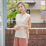 シェルボタンリネンブラウス [C4647] レディース トップス ブラウス サイドリボン シェルボタン ノースリーブ シャツ 春 春夏 夏 リネン ゆったり きれいめ プルオーバー リボン カジュアル 体型カバー