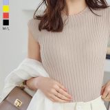 フレンチスリーブリブニットトップス [C6083] レディース トップス ストレッチ コンパクト モックネック レタスオリジナルサイズ オフィスカジュアル スーツ おしゃれ きれいめ 春夏【送料無料】