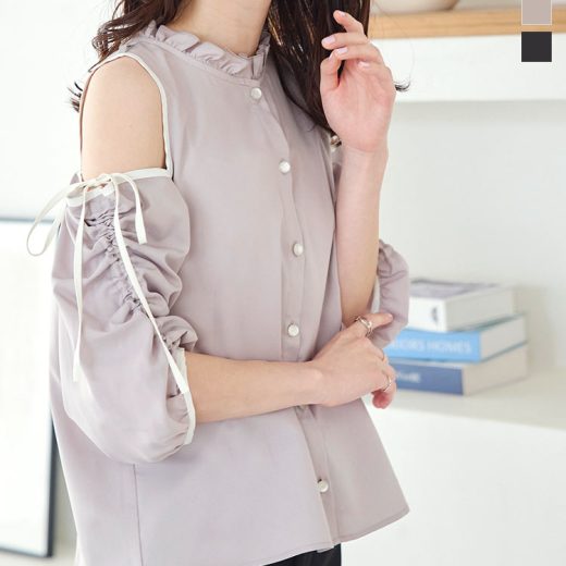 ≪ シークレットセール ≫ 肩あき ブラウス 2way レディース おしゃれ かわいい 春 夏 20代 30代 ママ スリット パイピング ブラウス トップス シャツ フリル ショルダーカット 肌見せ リボン シャーリング [C6708]【送料無料】【メール便】