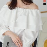 ダブルカラー オフショル ブラウス 7分袖 レディース きれいめ かわいい 白 黒 レディースブラウス シャツ 春 夏 春夏 オフショルダー ボートネック ぽわん袖 ショート丈 クロップド 20代 30代 40代 肌見せ [C6741] 【送料無料】【メール便】