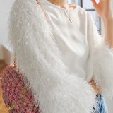 フェザー袖 ブラウス レディース トップス 長袖 春 秋 きれいめ シャギー シャツ シアー オフィスカジュアル セレモニー フォーマル 春カラー クルーネック 丸首 骨格ストレート 骨スト 二の腕 ぽわん袖 [C7005] 【送料無料】【メール便】