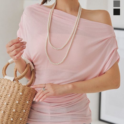 ≪ シークレットセール ≫ワンショルシアートップス [C7124] レディース 20代 30代 40代 ワンショル トップス シアー ワンショルトップス シアートップス ギャザー 肩出し ヘルシー ドルマン ドルマントップス 低身長 高身長 ピンク グレー ブラック