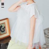チュールビスチェ ドッキング Tシャツ レディース フレンチスリーブ 半袖 トップス ティーシャツ フリル チュール ボーダー 体型カバー お腹 骨格ウェーブ きれいめ フェミニン フレア ビスチェ ホワイト 白 ピンク [C7209] 【送料無料】