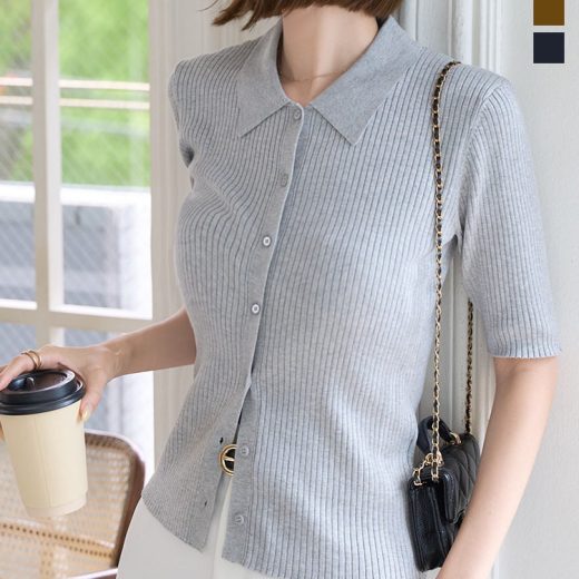 ≪5/28 新発売!!2790円 送料無料≫ 5分袖 ポロニット トップス [C7467] レディース 20代 30代 40代 カジュアル サマーニット 夏ニット ポロ ニット リブニット 半袖ニット 襟付き 半袖 五分袖 ボタン リブ 春 夏 秋50代 60代 コーデ オフィスカジュアル ママ【送料無料】