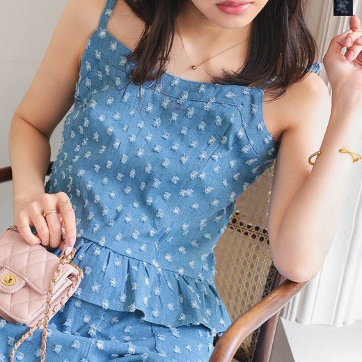 ≪5/23 新発売!!2990円 送料無料≫ ビスチェ トップス レディース [C7530] 20代 30代 40代 M4224 セットアップ デニム スクラッチ 柄 ドット 水玉 ライトブルー ブルー 青 紺 インディゴ フリーサイズ ユーズド感 可愛い 大人可愛い レイヤード 肌見せ 夏 夏服【送料無料】