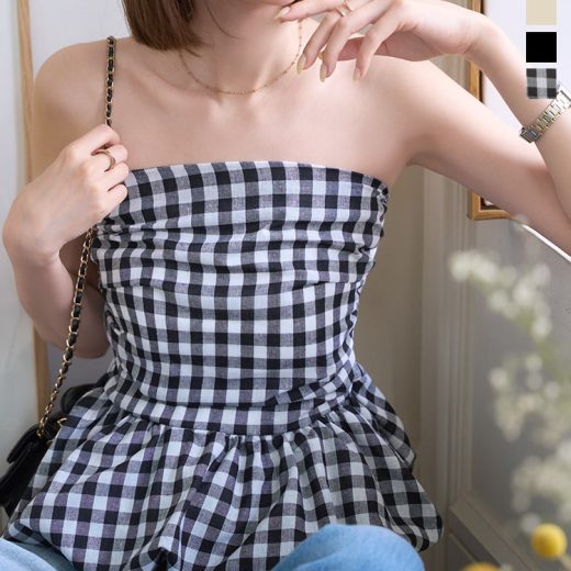 ≪5/27 新発売!!2990円 送料無料≫ トップス ペプラム ベアトップス ビスチェ バルーン [C7543] レディース 20代 30代 40代 ベアトップ 無地 ギンガムチェック レイヤード 重ね着 ゴム シャーリング コーデ 春夏 トップス 柄 ブラック 黒 クリーム 黄色 可愛い【送料無料】