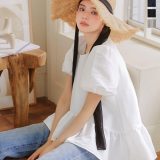 ≪先着50名様限定500円OFFクーポン配布中!!≫ ペプラムボリューミーシャイニー半袖ブラウス [C7546] レディース 20代 30代 40代 トップス ボリューム ティアード 切替え 裾切替え 半袖 ボリューム袖 袖コン デザイン ぽわん袖 丸首 Uネック シアー ラメ 無地【送料無料】