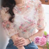 ≪5/22 新発売!!3280円 送料無料≫ 半袖 花柄 シアートップス プルオーバー [C7549] レディース 20代 30代 40代 フラワー ボリューム袖 フリル シアーブラウス チュール 柄 オフホワイト ブラック 白 黒 5分袖 ブーケ ヴィンテージフラワー 可愛い 大人可愛い【送料無料】