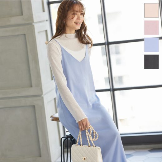 サテンバックスリットキャミワンピース [E2668] レディース ロング レイヤー 大人 上品 シンプル 黒 春夏 春 夏 ワンピース キャミソール キャミソールワンピース Vネック ロング丈