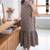 ≪5/18 人気カラー再販Start!!3990円 送料無料≫ フロッキードット マキシ ワンピース レディース ノースリーブ ドット柄 マーメイド マーメイドワンピース マキシワンピース リゾート 旅行 きれいめ ロングワンピース ドットワンピース フレア [E3390]【送料無料】