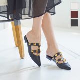 ≪5/15 24Hセール1490円 送料無料≫ スタッズベルトミュール [I2332] レディース 低ヒール フラット 靴 シューズ らくちん スムース 合皮 ブラック ホワイト ぺたんこ 歩きやすい 楽ちん 黒 ブラック 白 ホワイト 上品 ベーシックカラー 30代 40代 50代【送料無料】