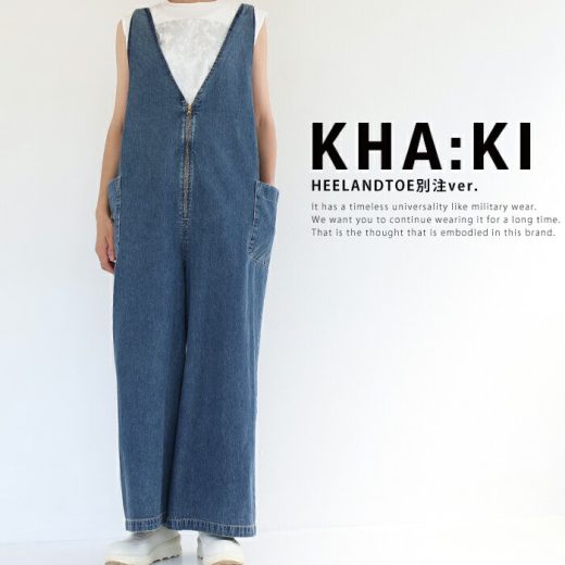 KHA:KI 別注 Vネックジップアップオーバーオール デニムサロペット 8ozの綿麻デニム インディゴ レディース 春夏秋冬 サイズ調整可能 フルレングス S/M/L/LL v-neckoveralls カーキ【送料無料】