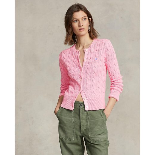 POLO RALPH LAUREN ケーブルニット コットン クルーネック カーディガン ラルフローレン トップス カーディガン ピンク【送料無料】