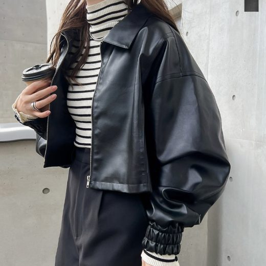 ≪ 特別セール ≫ ショート丈レザージップブルゾン [K1324] レディース 20代 30代 40代 ブルゾン ジャンパー コート アウター レザー ショート丈 クロップド ライダース ジップジャケット ジップブルゾン ブラウン 軽アウター 秋 冬 秋冬 フェイクレザー 辛口 カジュアル
