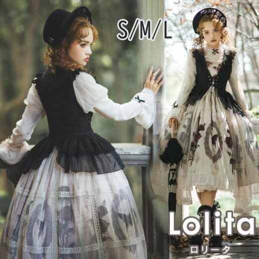 3点セット ロリータ ゴスロリ ワンピース Aライン Lolita 長袖 ミモレ丈 レディース コスチューム クラロリ 衣装 かわいい フリル 仮装 パーティ イベント ハロウィン 可愛い ブラック 黒 ベージュ S M Lk8082d7d7m6