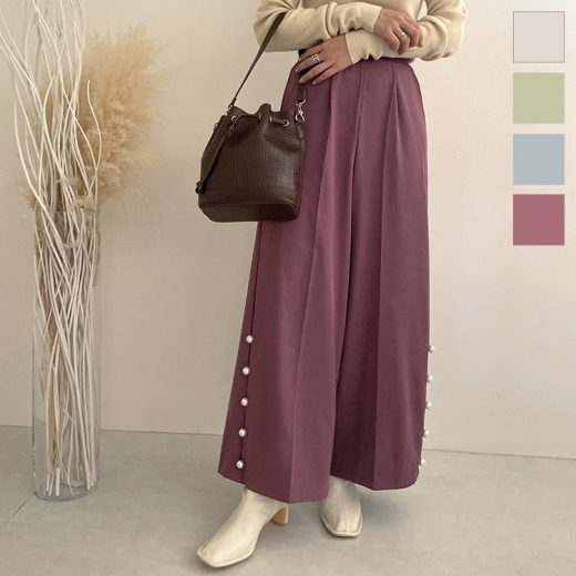 ≪ シークレットセール ≫ サイドパールワイドパンツ [M3115] レディース ボトムス パンツ ワイドパンツ ゆったり 体型カバー ロング丈 ロングパンツ きれいめ オフィス 大人 スカンツ センタープレス タック スラックス 裏地あり アイボリー 白【送料無料】