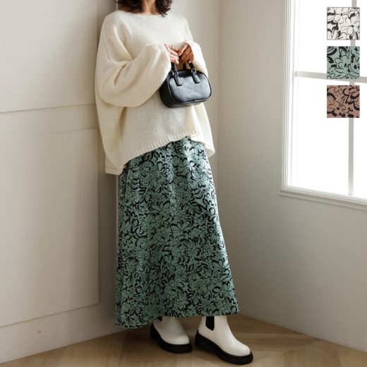 ≪ シークレットセール ≫ フラワープリントセミフレアスカート [M3574] レディース ボトムス ロング丈 バックゴム 花柄 可愛い 白 ロングスカート 大人 きれいめ カジュアル リラックス モノトーン 着回し おしゃれ 30代 40代 50代【送料無料】