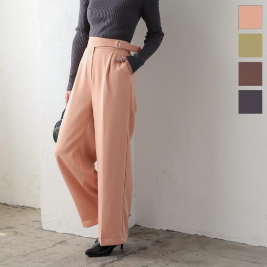≪ シークレットセール ≫ベルトポイントデザインパンツ [M3658] レディース ボトムス ベルト ポイント デザイン パンツ ウエスト 調整 バックゴム タック きれいめ オフィス 大人 シンプル デイリー 通勤 ワイドパンツ 体型カバー センタープレス 30代 40代 50代